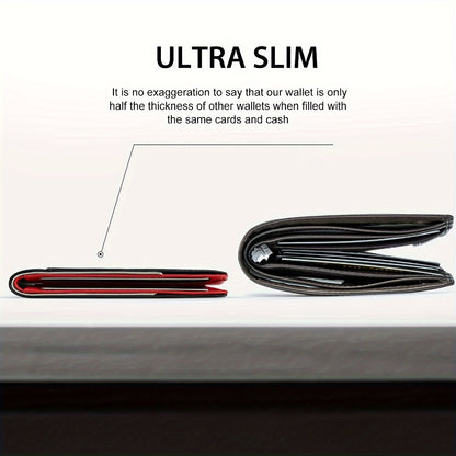 A Minimalist Ultra-thin Leather Wallet For Men With RFID Blocking, Double Folding Credit Card Holder With A Carbon Fiber Appearance, Comes With A Gift Box.