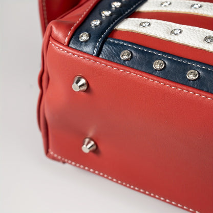 American Flag USA Stars And Stripes Patriotic Faux Leather Purse Women Rhinestone Country Handbag Wallet Set Red White And Blue
