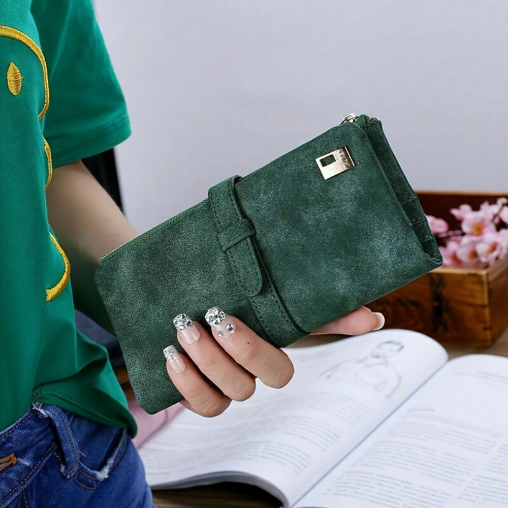 Retro Frosted Long Clutch Wallet Solid Color Multi Card Slots Money Purse Phone Handbag for Women