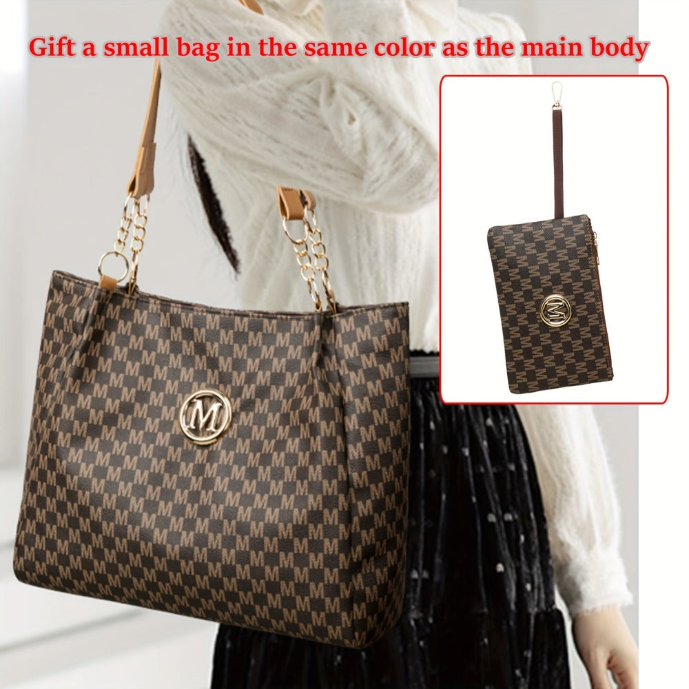 Two-Piece Set Large Capacity Shoulder Bag, Suitable for Elegant Urban Women, Lotus Pattern M Print, Fashionable M-Shaped Hardware Buckle Design, Lightweight Fixed Shoulder Strap, Suitable for Multiple Occasions - Perfect Gift