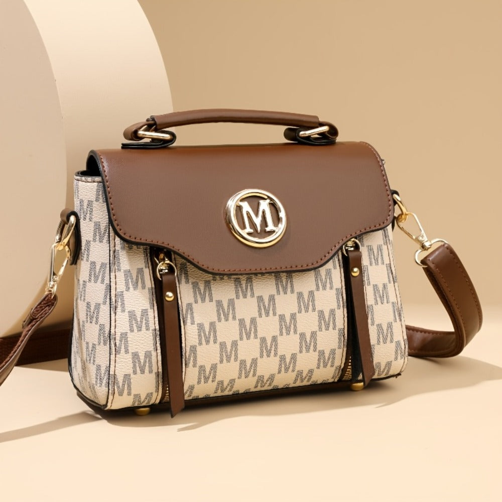 Retro Geometry Women'S Handbag - Large Capacity PU Shoulder Bag with Golden Hardware, Herringbone Pattern, And "M" Letter Design, Detachable Shoulder Strap, Suitable for Daily Use (Light Brown/ White/ Black)