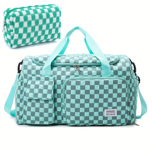 2pcs Checkered Travel Duffel Bag with Makeup Bag for Women Fordable Gym Bag Carry On Weekender Bag with Shoe Compartment