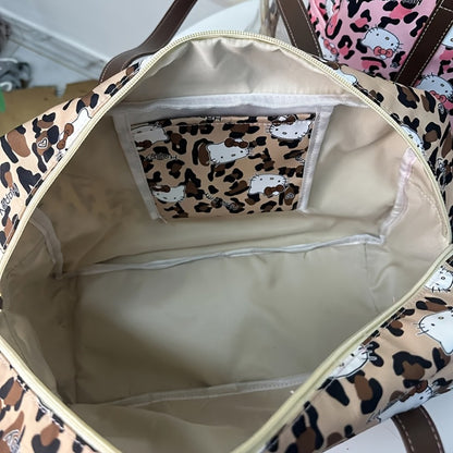 Sanrio Hello Kitty Travel Duffel Bag - Large Capacity Leopard Print Durable Oxford Fabric Bag with Zipper Closure & Sturdy Handles, Travel Tote Bag, & Everyday Use for Camping, Shopping, Work, Travel Must Haves