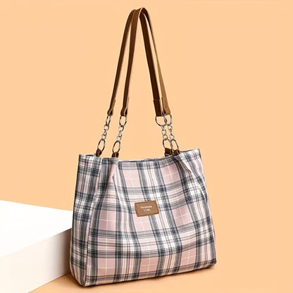 Stylish Plaid Tote Bag, Spacious Shoulder Bag, Simple Commuter And School Tote Bag