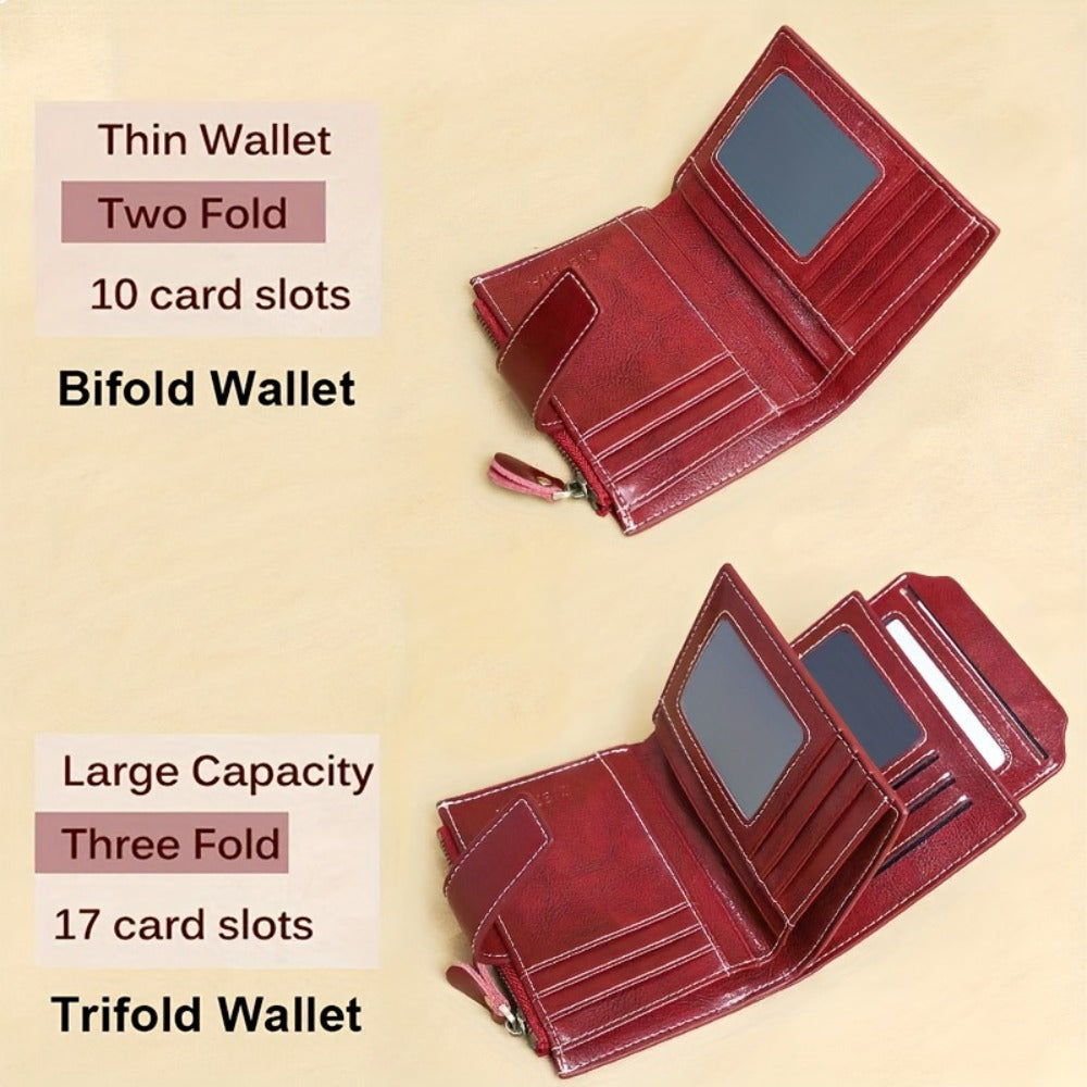 Fashion Genuine Leather Wallets for Women RFID Blocking Wallet Bifold Card Holder with ID Window Zipper Coin Pocket