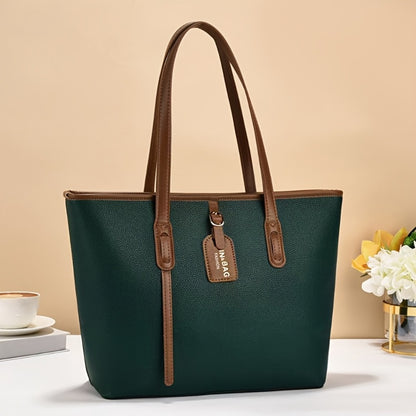 Women's Minimalist Large Capacity Tote Bag - Black with Brown Accents, Durable & Zipper Closure, Sturdy Fixed Shoulder Straps for Office, Commute, Work & Casual Use