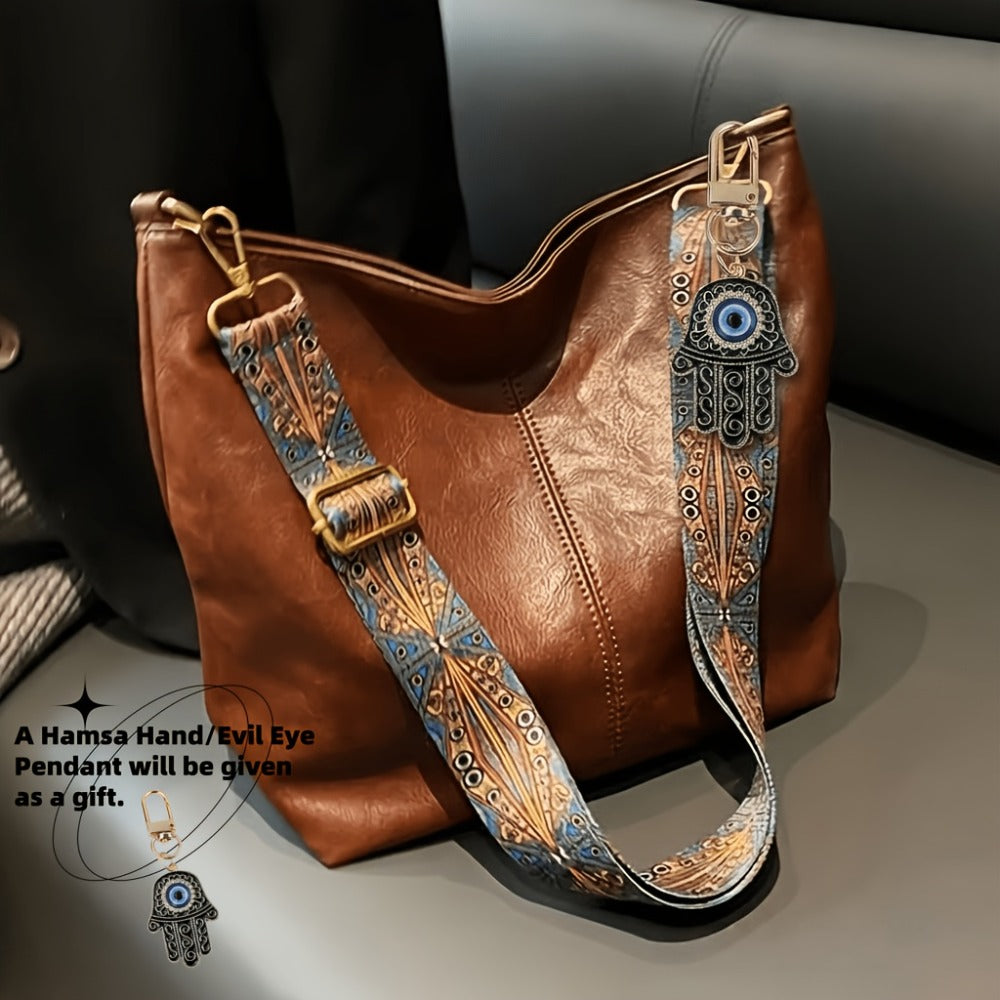 1pc Bohemian Geometric Strap Hobo Bag, Large Capacity Ethnic Crossbody Bag, Hamsa Hand/ Evil Eye Pendant, Women'S Retro Style Shoulder Bag For Best Birthday Gifts, Christmas And Valentine'S Day Gifts
