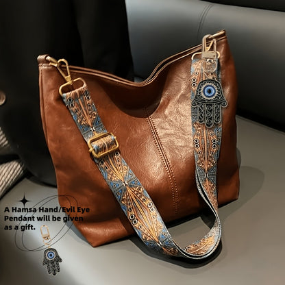 1pc Bohemian Geometric Strap Hobo Bag, Large Capacity Ethnic Crossbody Bag, Hamsa Hand/ Evil Eye Pendant, Women'S Retro Style Shoulder Bag For Best Birthday Gifts, Christmas And Valentine'S Day Gifts
