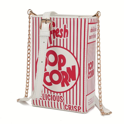 Trendy Popcorn Box Design Handbag for Women, Featuring a Crossbody Style with a Chain Strap, a Distinctive Square Shape, And an Adjustable Wallet