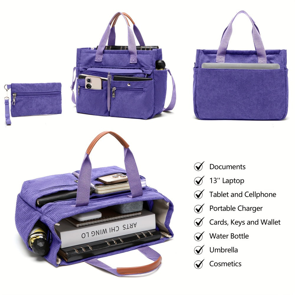 2026 Women's Corduroy Tote and Crossbody Bag Set 2pcs/Set, Large Capacity Laptop Shoulder Bags with Adjustable Strap & Zipper Closure, Casual Travel, Work, Sports, Everyday Purse for Game Day, Football Fan Gear, All Fans