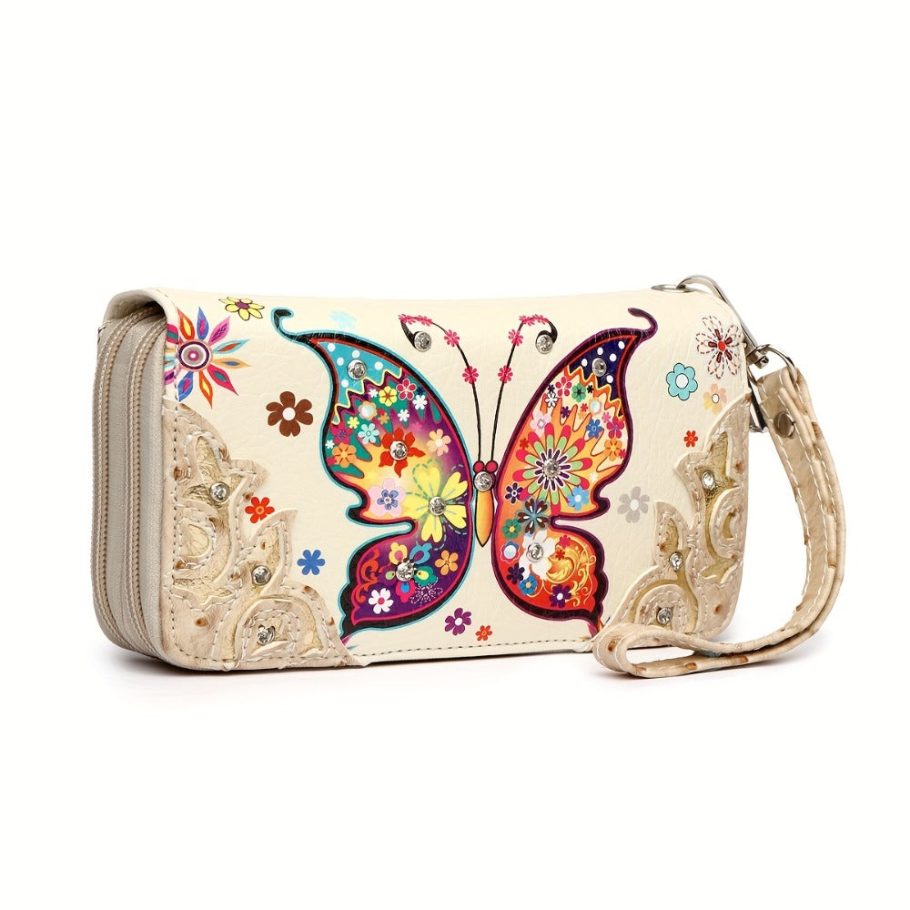 Butterfly Flower Western Hidden Spring Handbag, Country Tote Bag, Women's Shoulder Bag and Wallet Set, Ideal Christmas Gift