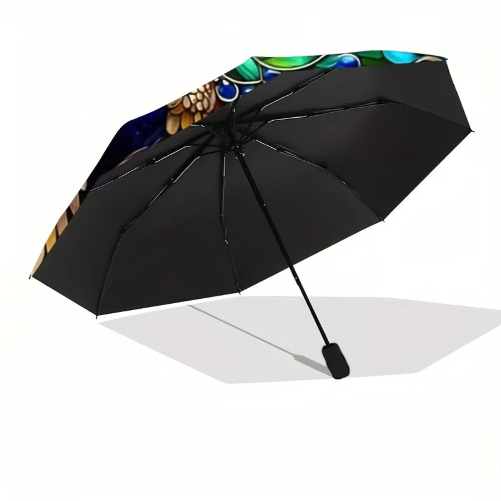 A Folding Umbrella With A Peacock Feather Design - A Lightweight, Retractable Travel Umbrella With A Sturdy 8-rib Frame, Available In Blue, Green, Golden, Purple, Black, Yellow, And Brown. An Elegant Outdoor Umbrella For Both Men And Women.