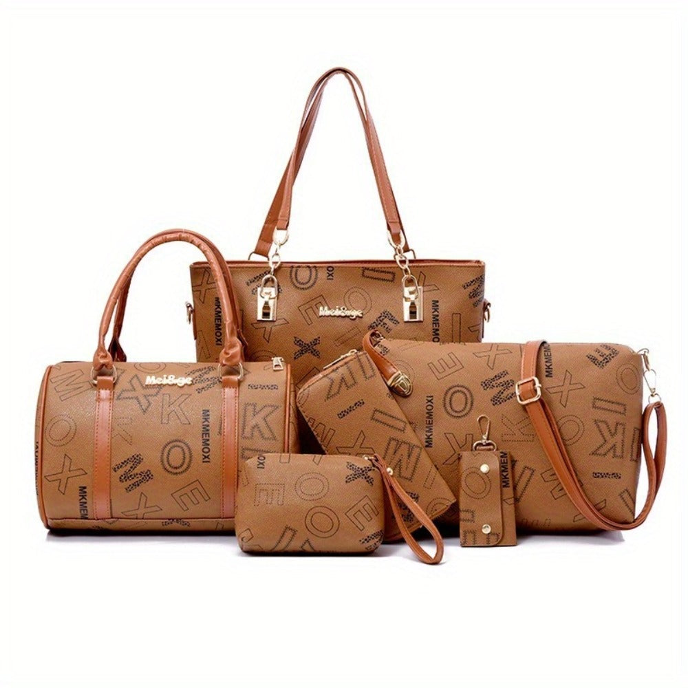 Set of 6 Women'S Bags - Spacious Vintage Collection Including Shoulder Bag, Crossbody Bag, Tote, And Purse