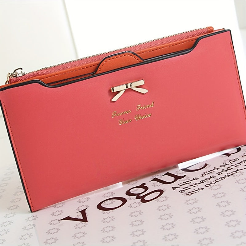 Fashion Cute Bowknot Long Wallet, Zipper Multi-card Clutch Coin Money Purse, Women's PU Leather Phone Handbag, Credit Card Holder