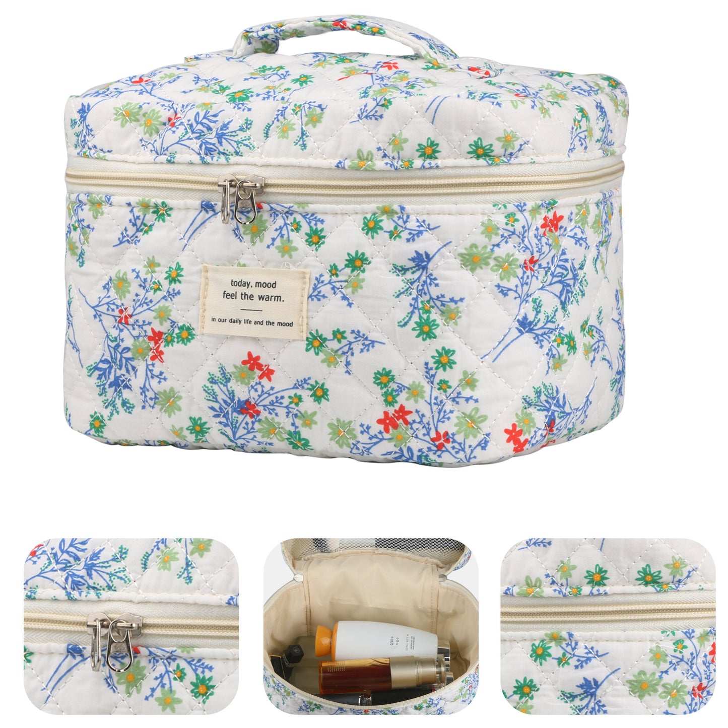 2 Pcs Cute Makeup Bag for Women, Travel Cosmetic Bags, Quilted Coquette Aesthetic Floral Toiletry Organizer Bag
