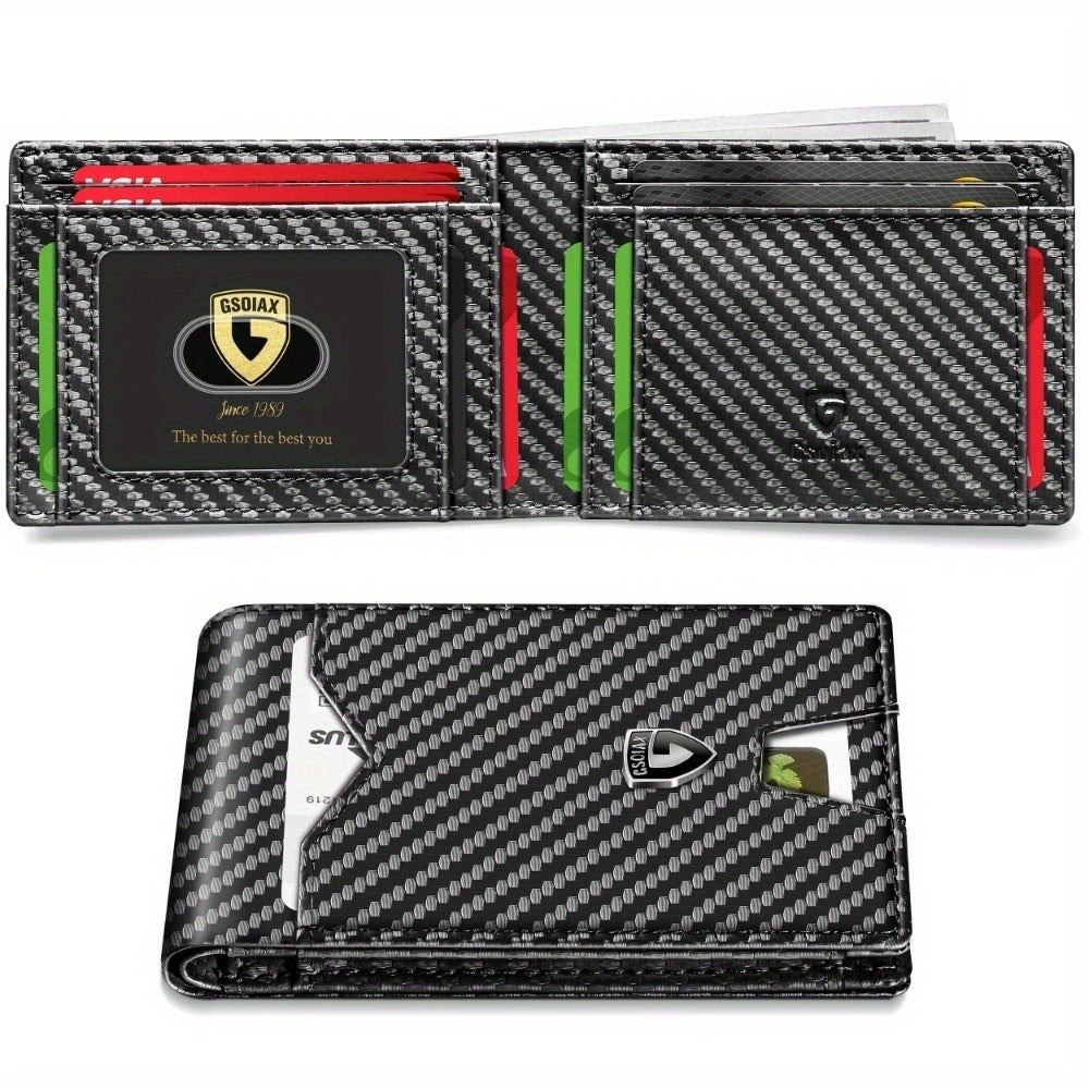 1pc Men's Ultra-thin Wallet, Simple Rfid Barrier Bifold Credit Card Holder Carbon Fiber Fabric, with Elegant Gift Box.