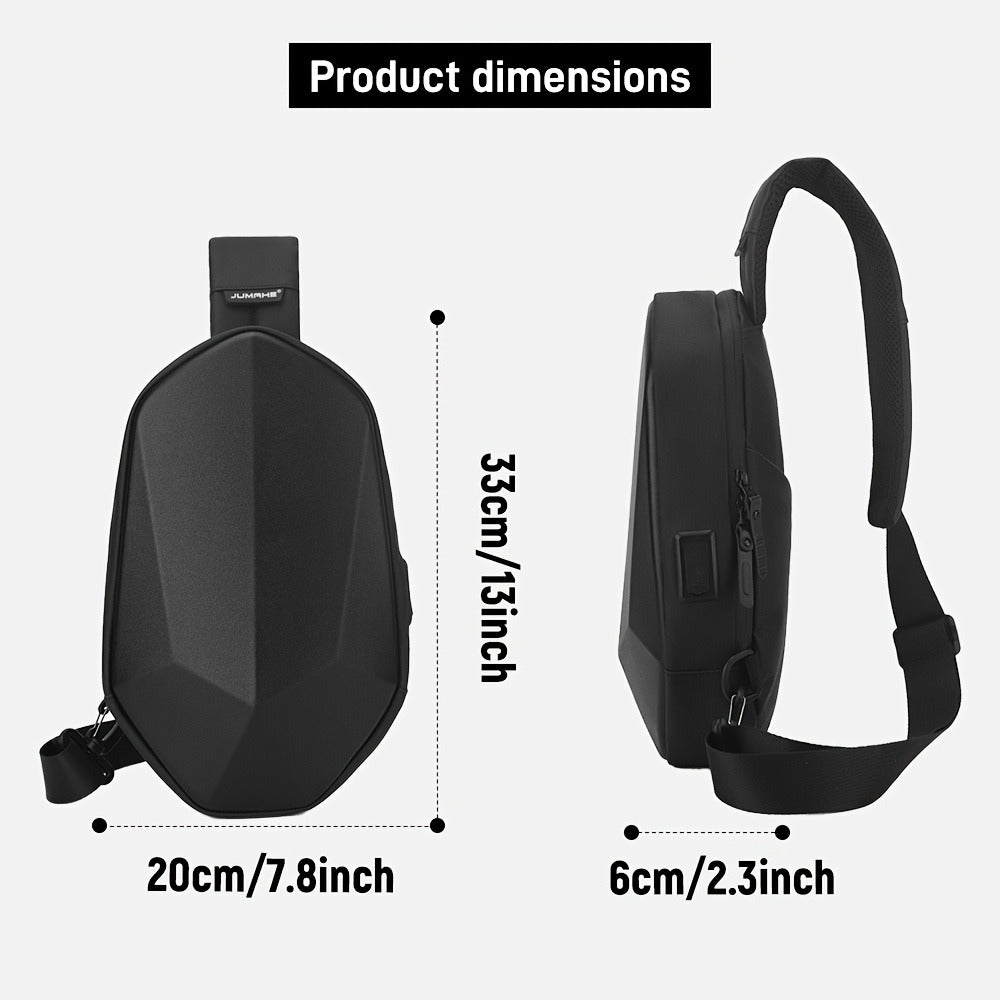 [Hard Shell Chest Bag] JUAMHE Men's Geometric Hard Shell Chest Bag, Scratch-Resistant and Crossbody Backpack with USB Port, Everyday Casual Bag