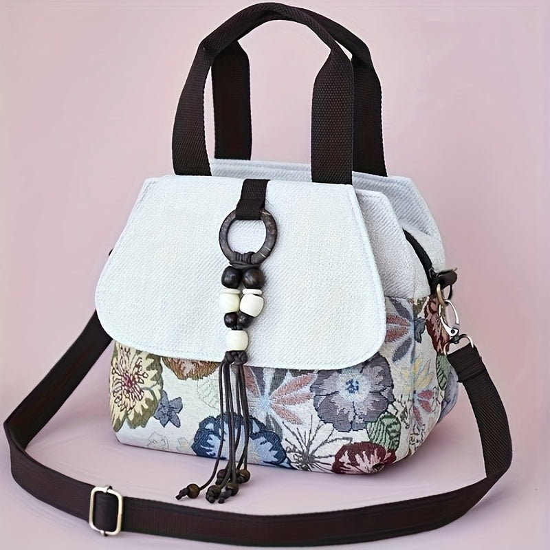 Bohemian Floral Crossbody, Multi-Compartment Handbag with Beaded Accents, Zipper Closure And, Casual Vacation Everyday Purse, Travel Accessory, Ethnic Pattern, Stylish Accents, Women'S Accessory, Stylish Shoppers