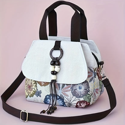 Bohemian Floral Crossbody, Multi-Compartment Handbag with Beaded Accents, Zipper Closure And, Casual Vacation Everyday Purse, Travel Accessory, Ethnic Pattern, Stylish Accents, Women'S Accessory, Stylish Shoppers