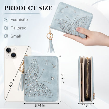 Wallet Women RFID Blocking Small Wallets With Cash Clutch Compact Bifold With Zipper Coin Pocket Ladies Credit Card Holder Glittery Butterfly Travel Purse With Tassel GREEN Mom Gift Tote Essential Daily