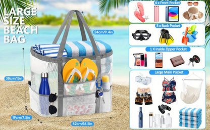 One Extra-Large Mesh Beach Tote Bag That Is Foldable And Easy to Carry, Perfect for Pool Outings, Boat Trips,, And Vacation Necessities. This Lightweight Swim Bag Features a Zipper And Additional Pockets for Organizing Your Essentials