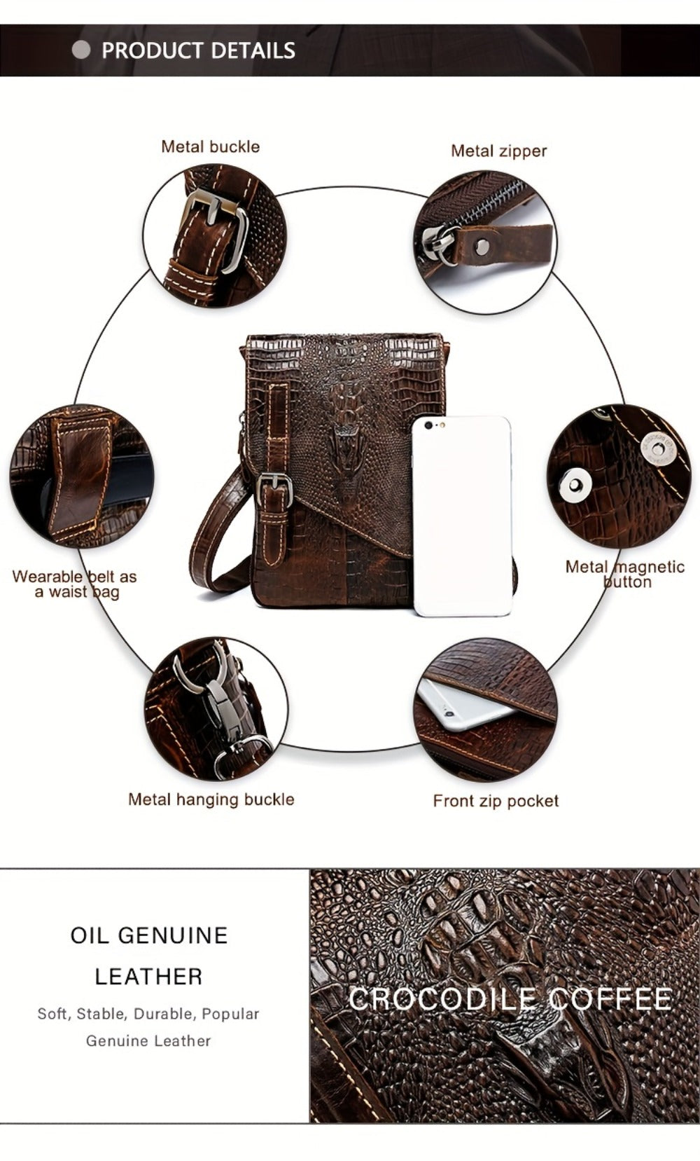 1pc Crocodile Pattern Men's Genuine Leather Messenger Bag Cow Genuine Leather Shoulder Bag Retro Multi-Functional Messenger Bag