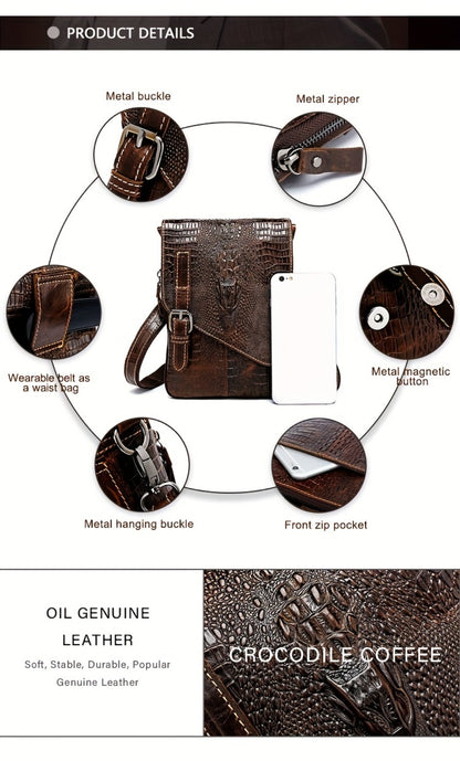 1pc Crocodile Pattern Men's Genuine Leather Messenger Bag Cow Genuine Leather Shoulder Bag Retro Multi-Functional Messenger Bag