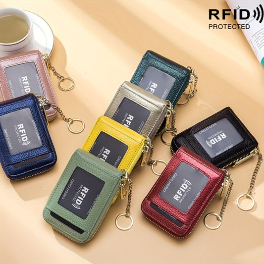 RFID Blocking Credit Card Holder Wallet With Keychain & ID Window Small Leather Zipper Card Case For Women (Vertical 12 Slots)