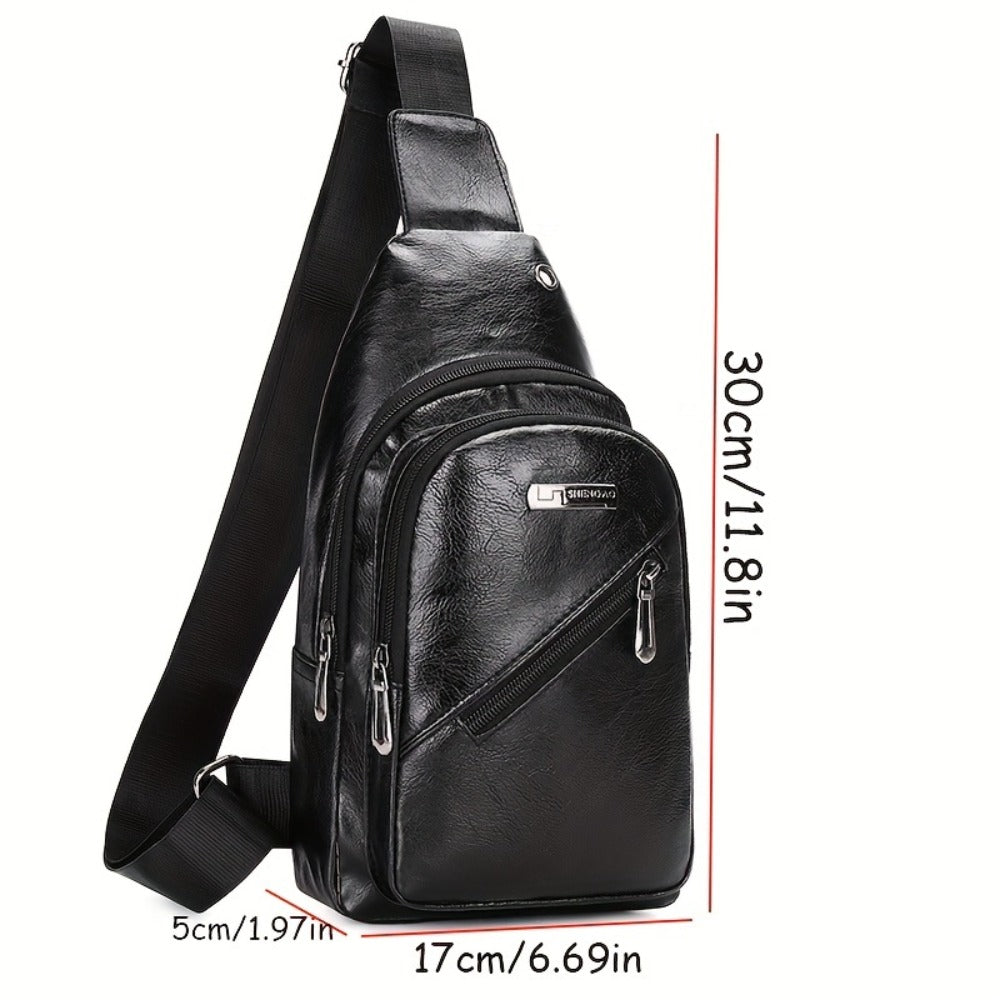 Men's PU Leather Crossbody Bag With Earphone Hole, Large Capacity Chest Bag, Multifunction Diagonal Shoulder Bag