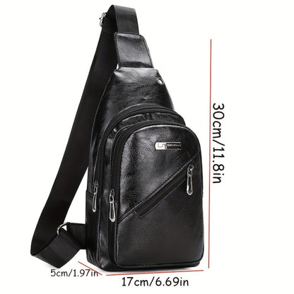 Men's PU Leather Crossbody Bag With Earphone Hole, Large Capacity Chest Bag, Multifunction Diagonal Shoulder Bag