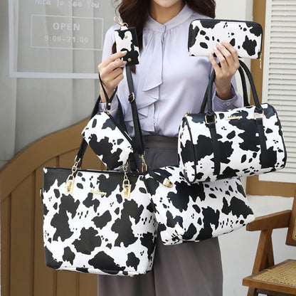 6pcs Set PU Fashion Cow Pattern Tote Bag Set, A Cost- Women'S Shoulder Bag, Crossbody Bag, And Wrinkle Resistant Handbag, Suitable As A Gift