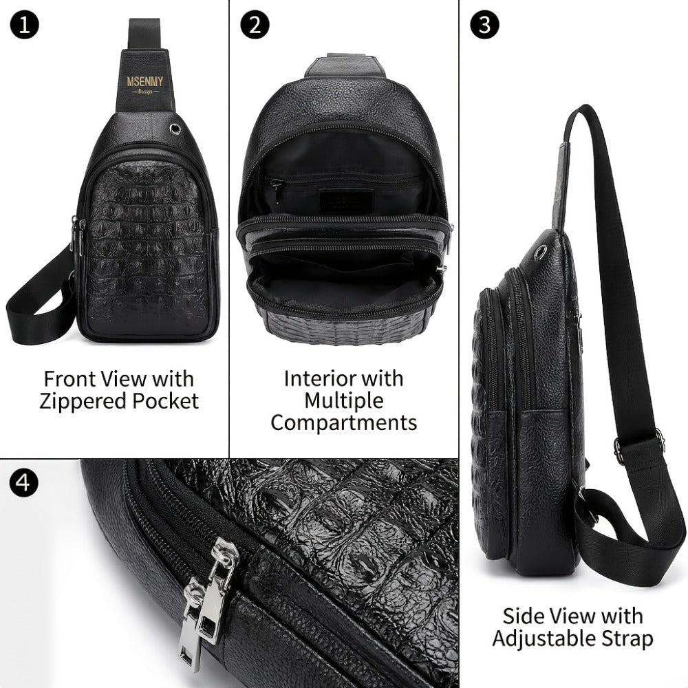 Men' PU Crocodile Texture Crossbody Bag with Adjustable Strap & Earphone Hole - Large Capacity Multi-Compartment Waist/Waist Bag Suitable for Daily Commute, Travel, Business, Retro Style, Sturdy Durable for Phone, Tablet, Earphones