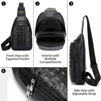 Men' PU Crocodile Texture Crossbody Bag with Adjustable Strap & Earphone Hole - Large Capacity Multi-Compartment Waist/Waist Bag Suitable for Daily Commute, Travel, Business, Retro Style, Sturdy Durable for Phone, Tablet, Earphones