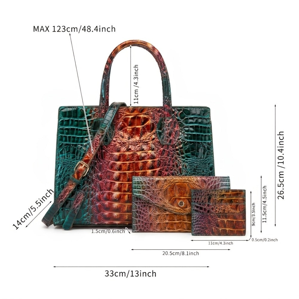 3pcs Colorful Crocodile Pattern Bag Set, Gradient Color Handbag, Women Tote Bag with Clutch Wallet And Credit Card Holder Coin Purse