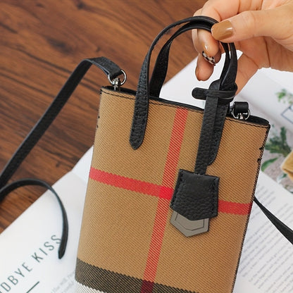 Vintage Mini Women'S Slant Back Mobile Phone Pouch, Lightweight Plaid Handheld Shoulder Crossbody Purse, Stylish Plaid Design for Phone And Keys