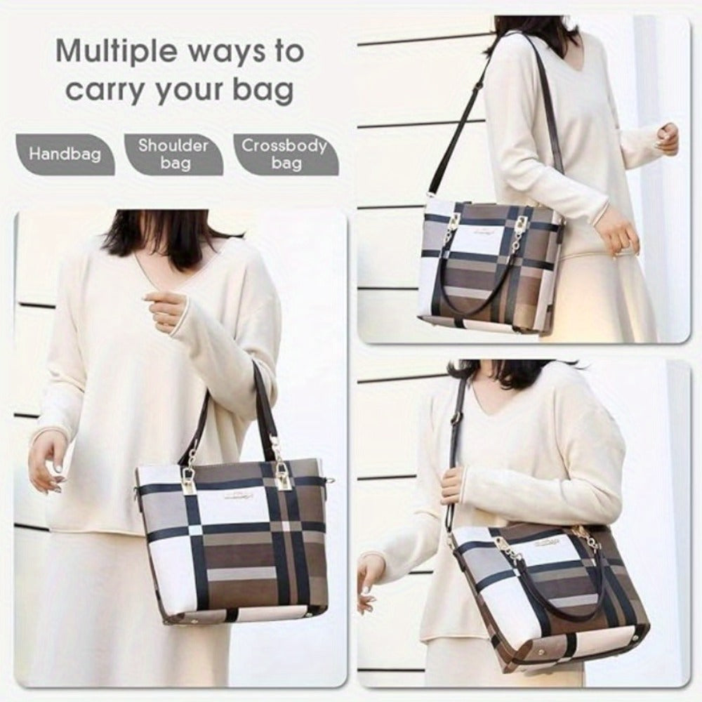[Best Birthday Gifts] 6pcs Fashionable And Versatile Women's Bag, Trendy Contrasting Color Large Capacity Handbag Bag, Checkered Tote Bag, Shoulder Crossbody Bag, Coin Purse, The Stripes Are Random, Suitable For Any Outdoor Scene For Best Birthday Gifts