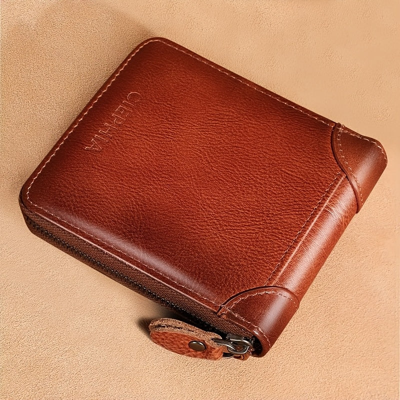 Cierhia Vintage Men'S Top Layer Cowhide Wallet with RFID Blocking Protection - Slim Brown Clutch with Zipper, Multi-Function ID & Credit Card Holder, Coin Pocket - Ideal Gift for Him, Short Wallet