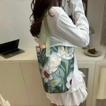 Fashion Oil Painting Flower Summer Handbag - Women'S Trendy Lightweight Shoulder Bag, Summer Large Capacity Tote Bag, Shoulder Back And Bucket Design, Magnetic Buckle Closure, Suitable For Daily Commuting And Leisure Bucket Bag.