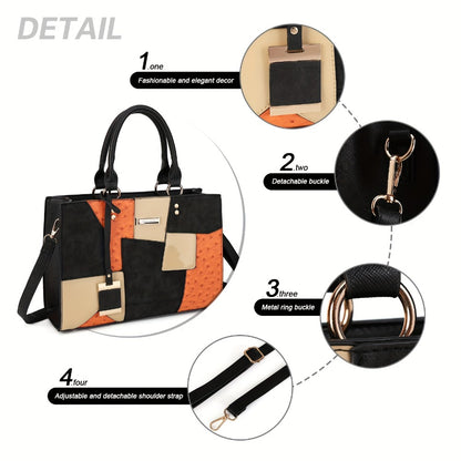 [Large PU Tote] Large Capacity PU Tote Bag | Adjustable Strap, Zip Closure, Casual Geometric Pattern in Beige/Pink/Purple/Blue/Black | Ideal for Daily Commute, Travel & Shopping