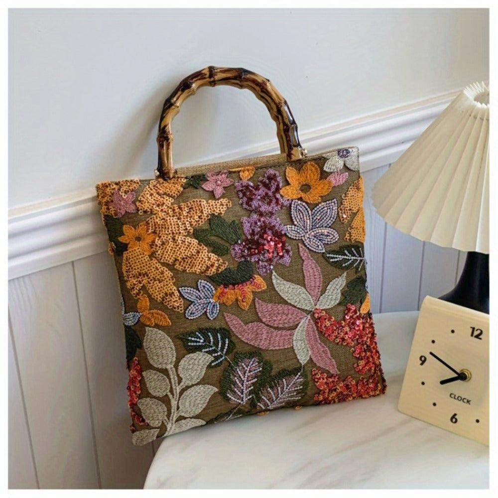 [Retro Bamboo Tote] Premium Retro Bamboo Tote Bag | Women's Hand Carry Heavy Industry Embroidery Color Sequins Tide Dinner Bag