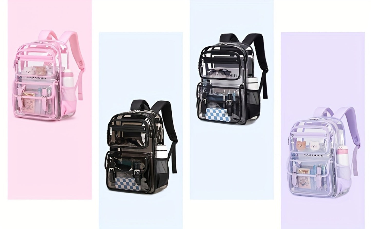 Women's PVC Transparent School Backpack with Large Capacity Multi-Pocket Bookbag, Adjustable Shoulder Straps & Transparent Panels Suitable for School, College, Office, Computer Bag, Laptop Carrier, Zipper Closure