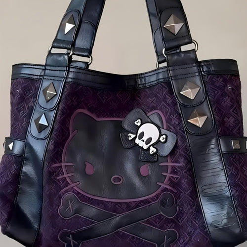 Genuine Hello Kitty Vintage Purple Tote Bag Featuring Black Accents - Y2K Gothic Aesthetic, Sturdy Nylon, Zipper Fastening, Multi-Functional Underarm Tote, Daily Use Tote Bag | Gothic Design Bag | Metal Earring Details, Retro Tote Bag