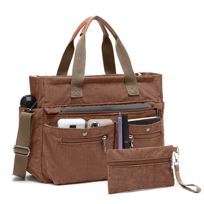 Corduroy Tote Bag Set (2PCS) for Women, Laptop Work Bags Crossbody Shoulder Hobo Messenger Handbag Purse Travel Gym Totes