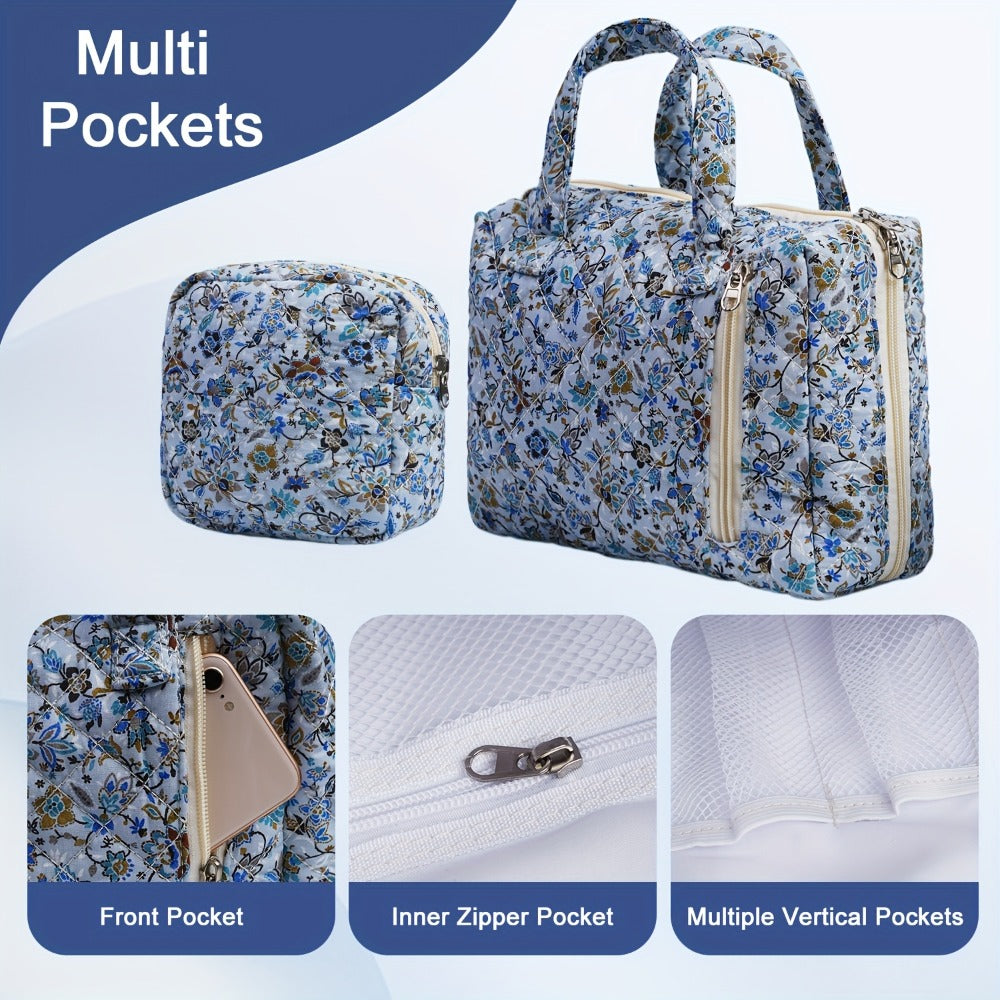 Cute Quilted Floral Print Fabric Bags 2pcs Set - Handbag, Makeup Pouch, Toiletry Bag, Coin Purse & Storage Pouch for Women | 2025 Collection