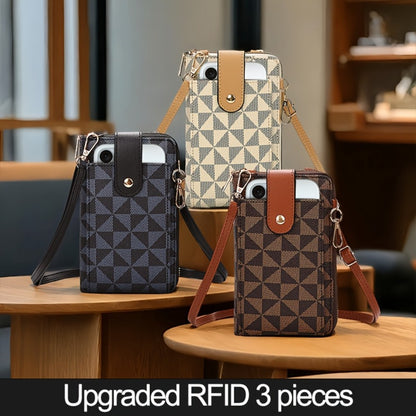 Women's Compact Crossbody Phone Wallet - Adjustable Strap, Outdoor Leisure Multi-Purpose Bag with Multiple Credit Card Slots & Zipper Closure, Blue & Brown Geometric Pattern, Durable Mini Shoulder Bag for Everyday Essentials, Perfect Valentine's Day Gift,