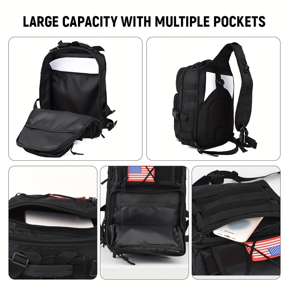 1pc 6.6gal Tactical Sling Backpack, Single Shoulder Crossbody Bag for Hiking Camping, Adjustable Strap Buckle & Smooth Zipper, Front D - ring Suspension, Outdoor EDC Pack with Flag Patch, Everyday Carry Gear for Men Women