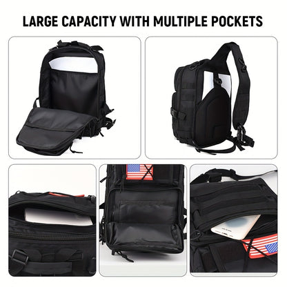 1pc 6.6gal Tactical Sling Backpack, Single Shoulder Crossbody Bag for Hiking Camping, Adjustable Strap Buckle & Smooth Zipper, Front D - ring Suspension, Outdoor EDC Pack with Flag Patch, Everyday Carry Gear for Men Women