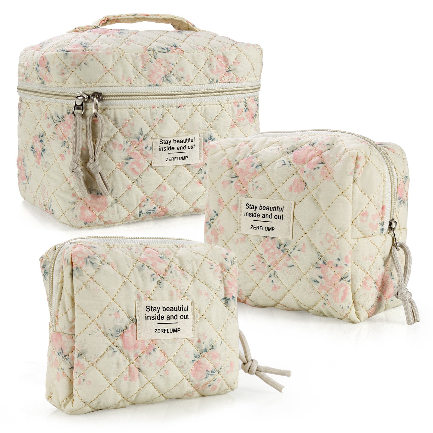Cute Quilted Floral Makeup Bag (3Pcs)Coquette Aesthetic Cosmetic BagTravel Toiletry Bags Kawaii Aesthetic pouch for Women