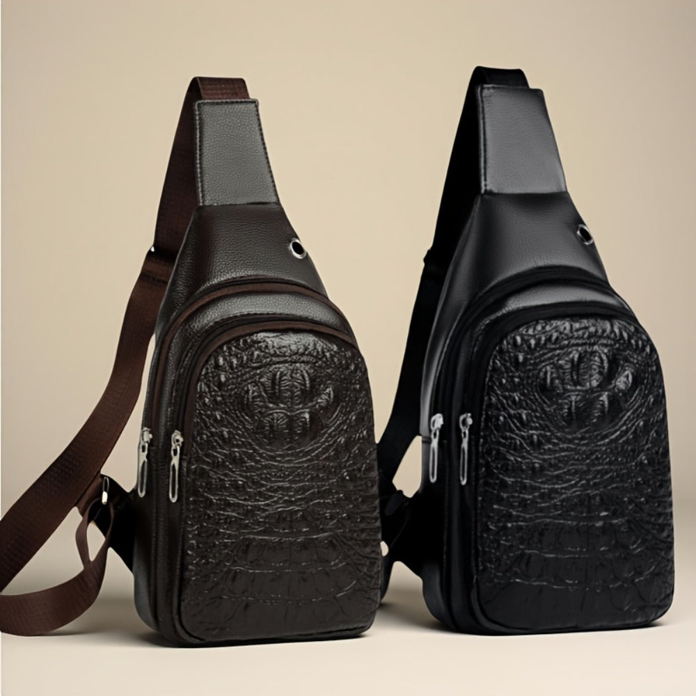1pc Crocodile Pattern Sling Bag - Unisex Versatile Travel Backpack - Men'S Chest Bag With Headphone Jack Hole - Multiple Compartments Adjustable Brown Chest Bag - Shoulder Bags Gifts For Travel, Sports & Camping, Stylish Zipper Closure