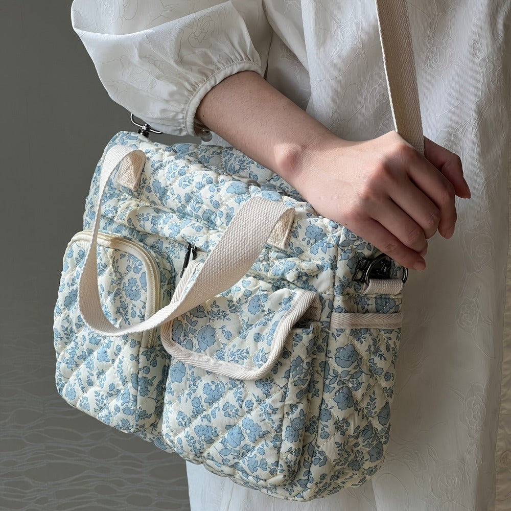 2pcs/Set Small Cute Floral Quilted Tote Bag with Multi-Pockets for Women, Crossbody Shoulder Everyday Handbags